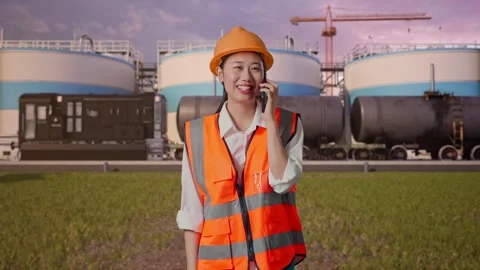 Female Engineer Talking On Smartphone at Oil Refinery Stock Footage 340143223