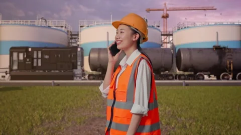 Female Engineer Talking On Smartphone at Oil Refinery Stock Footage 340143451