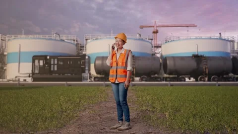Female Engineer Talking On Smartphone at Oil Refinery Stock Footage 340144959