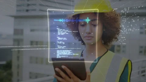 Female engineer tapping tablet roof starting AR tech growing from radar to Stock Footage 330143629