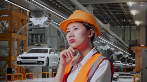 Female Engineer Thinking About Something In EV Car Factory Stock Footage 279127384