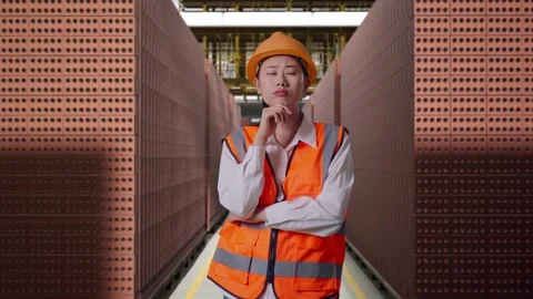 Female Engineer Thinking About Something With Brick In Stacks Stock Footage 303761672