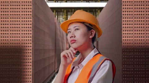 Female Engineer Thinking About Something With Brick In Stacks Stock Footage 303762591