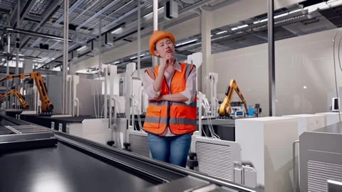 Female Engineer Thinking About Something, Battery Factory Stock Footage 314937018