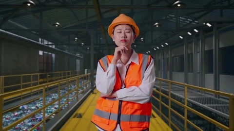 Female Engineer Thinking About Something, Plastic Recycling Factory Stock Footage 315154401