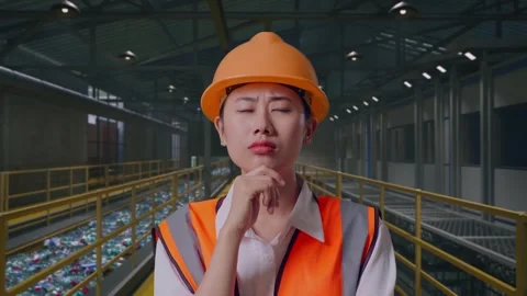 Female Engineer Thinking About Something, Plastic Recycling Factory Stock Footage 315155231