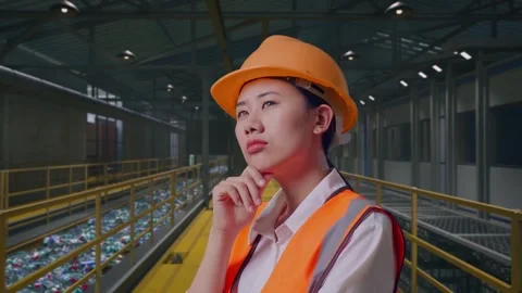 Female Engineer Thinking About Something, Plastic Recycling Factory Stock Footage 315155561