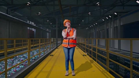 Female Engineer Thinking About Something, Plastic Recycling Factory Stock Footage 315156024