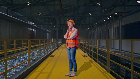 Female Engineer Thinking About Something, Plastic Recycling Factory Stock Footage 315156442