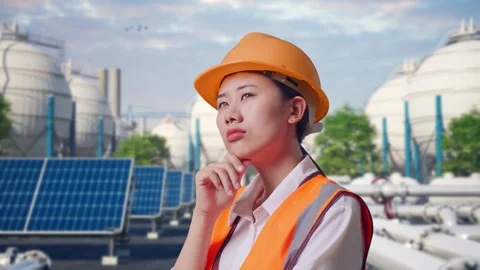 Female Engineer Thinking About Something at Energy Complex Stock Footage 330178393