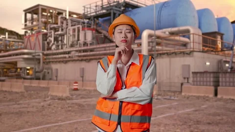 Female Engineer Thinking About Something at Gas Plant Stock Footage 337762546