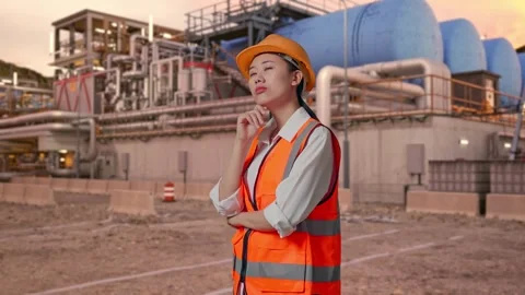 Female Engineer Thinking About Something at Gas Plant Stock Footage 337762782