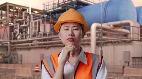 Female Engineer Thinking About Something at Gas Plant Stock Footage 337763239