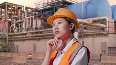 Female Engineer Thinking About Something at Gas Plant Stock Footage 337763665