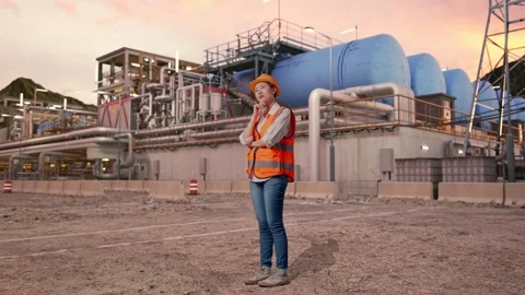 Female Engineer Thinking About Something at Gas Plant Stock Footage 337764495