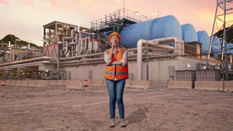 Female Engineer Thinking at Gas Plant Stock Footage 337764199