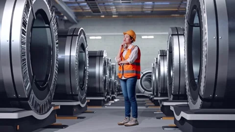 Female Engineer Thinking Then Raising Index Finger In Metal Factory Stock Footage 279801131