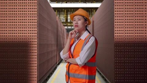Female Engineer Thinking Then Raising Her Index Finger With Brick In Stacks Stock Footage 303761969