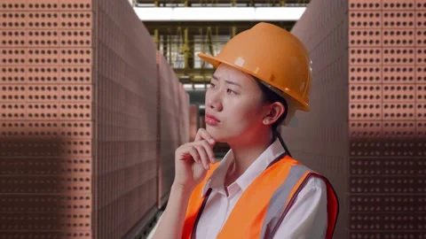 Female Engineer Thinking Then Raising Her Index Finger With Brick In Stacks Stock Footage 303762595