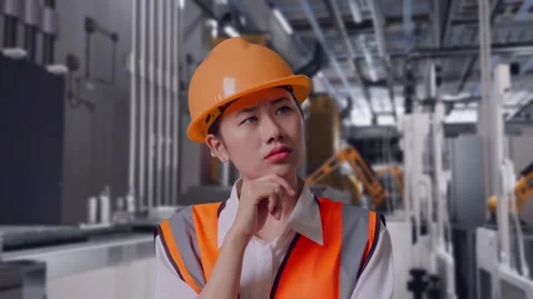 Female Engineer Thinking Then Raising Her Index Finger, Battery Factory Stock Footage 314936449