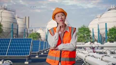 Female Engineer Thinking Then Raising Her Index Finger at Energy Complex Stock Footage 330176987