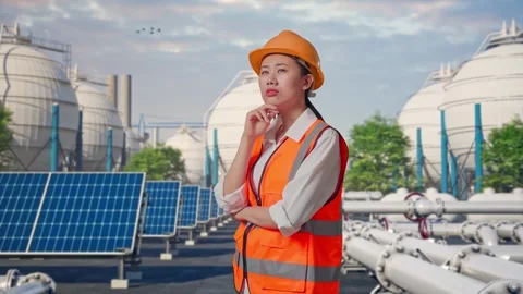 Female Engineer Thinking Then Raising Her Index Finger at Energy Complex Stock Footage 330177206