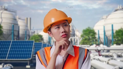Female Engineer Thinking Then Raising Her Index Finger at Energy Complex Stock Footage 330177870