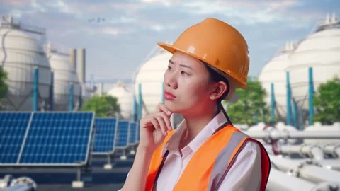 Female Engineer Thinking Then Raising Her Index Finger at Energy Complex Stock Footage 330178446