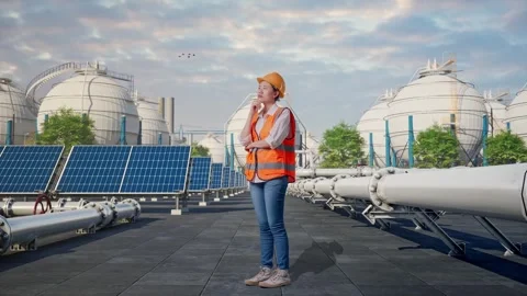 Female Engineer Thinking Then Raising Index Finger at Energy Complex Stock Footage 330179755