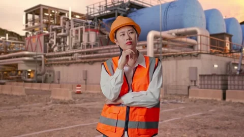 Female Engineer Thinking Then Raising Her Index Finger at Gas Plant Stock Footage 337762595