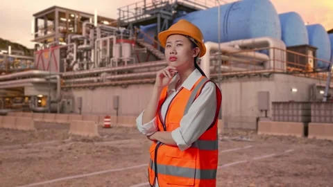 Female Engineer Thinking Then Raising Her Index Finger at Gas Plant Stock Footage 337762790