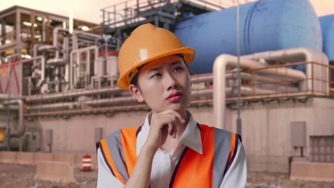 Female Engineer Thinking Then Raising Her Index Finger at Gas Plant Stock Footage 337763261
