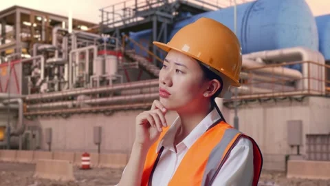 Female Engineer Thinking Then Raising Her Index Finger at Gas Plant Stock Footage 337763705