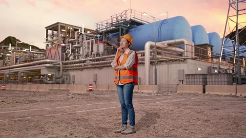 Female Engineer Thinking Then Raising Index Finger at Gas Plant Stock Footage 337764555