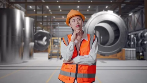 Female Engineer Thinking Then Raising Her Index Finger at Heavy Factory Stock Footage 340822783