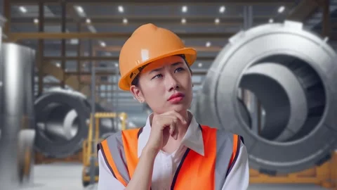 Female Engineer Thinking Then Raising Her Index Finger at Heavy Factory Stock Footage 340824922