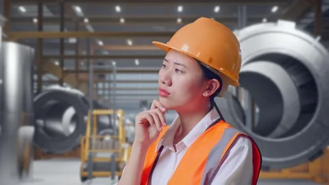 Female Engineer Thinking Then Raising Her Index Finger at Heavy Factory Stock Footage 340825233