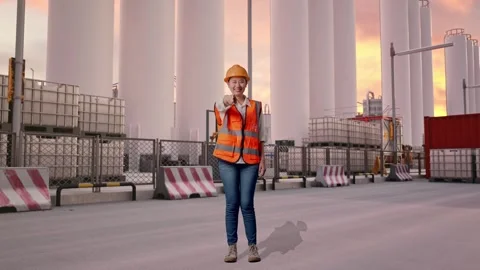 Female Engineer Touching Her Chest Then Pointing at Storage Facility Stock Footage 337755254