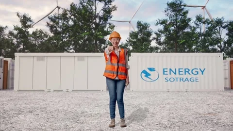Female Engineer Touching Her Chest Then Pointing with Energy Storage Stock Footage 337820764