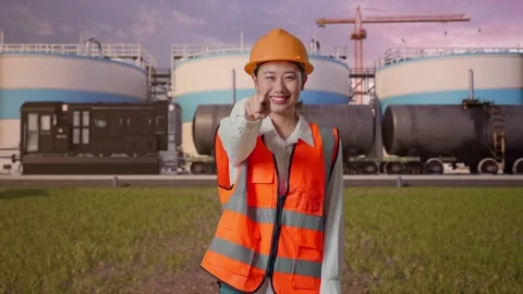 Female Engineer Touching Her Chest Then Pointing at Oil Refinery Stock Footage 340142987