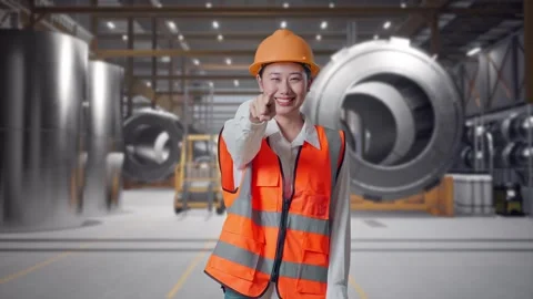 Female Engineer Touching Her Chest Then Pointing at Heavy Factory Stock Footage 340822511