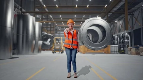 Female Engineer Touching Her Chest Then Pointing at Heavy Factory Stock Footage 340825714