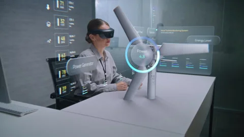 Female Engineer Uses Augmented Reality Headset to Visualize 3D Holographic Model Stock Footage 305825910