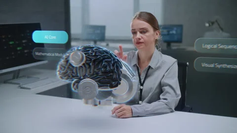 Female Engineer Uses Augmented Reality to Visualize 3D Holographic Model of Stock Footage 305826464