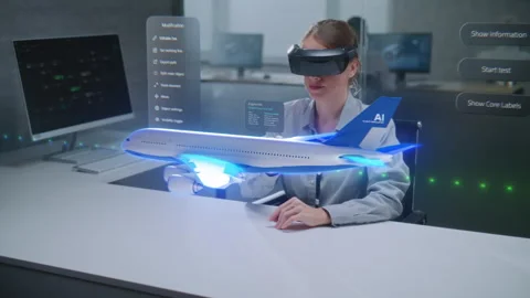 Female Engineer Uses Augmented Reality Headset to Develop Holographic Airplane Stock Footage 307068014