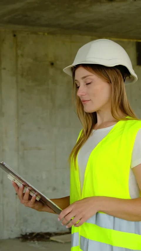 Female engineer uses tablet to analyze layout of building Vidéo 317625459