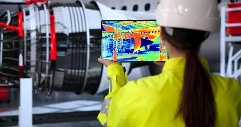 Female Engineer Uses Tablet To Check Aircraft Engine During Maintenance. 写真素材