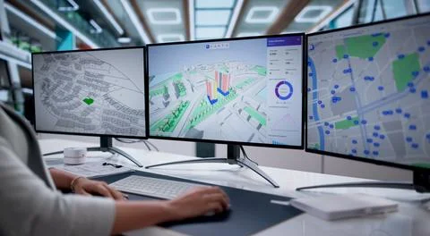 Female Engineer Using BIM Software For Urban Energy Mapping Stock Photos