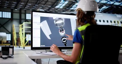 Female Engineer Using Computer To Develop 3D Aircraft Model Design Foto stock