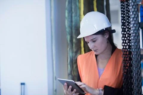 Female engineer using a digital tablet in an industrial plant Stock Photos